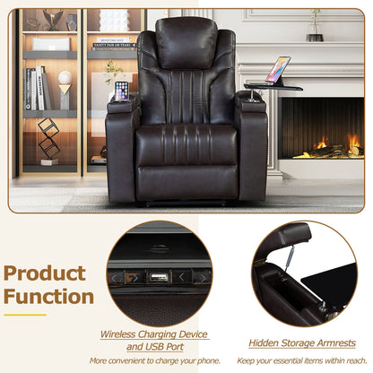 Luxury PU Leather Power Recliner with Adjustable Headrest, Wireless Charging, USB Port, Cup Holder, and Swivel Tray Table for Ultimate Home Theater Experience Doba