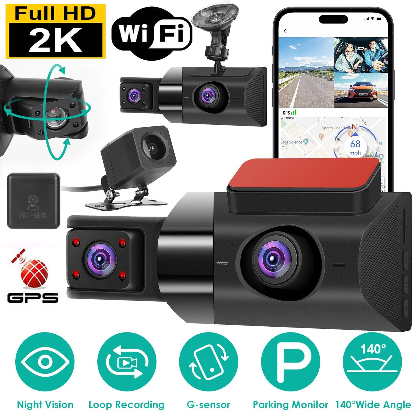 3-Channel 2K Car Dash Cam with GPS, WiFi, Night Vision & G-Sensor - Comprehensive Vehicle Safety Recorder Doba