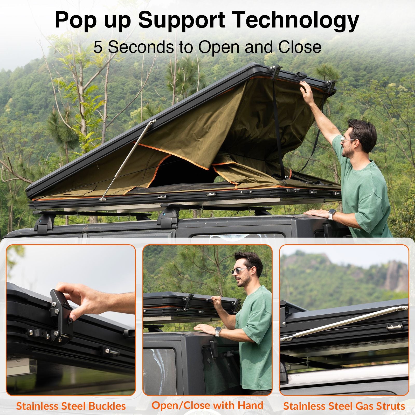 Roll over image to zoom in Adventurer Plus Rooftop Tent Hardshell with Side Awning, Air Conditioner Outlet with Bracket, &Replaceable Rain Flies, Truck Bed Tent for Camping, Pop Up Overland Roof Tents Doba