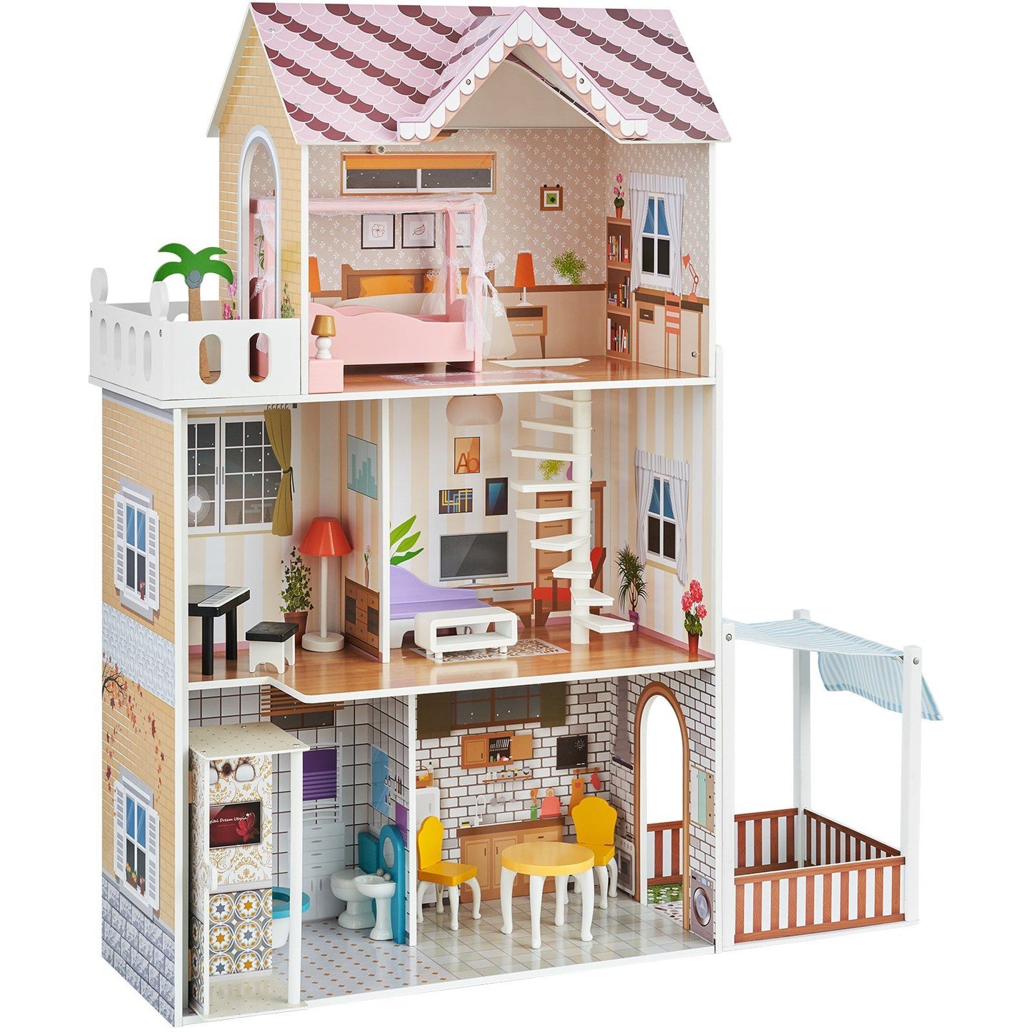 Deluxe Wooden Dollhouse with 15 Accessories - 3-Level Dream Playhouse for Kids 3+