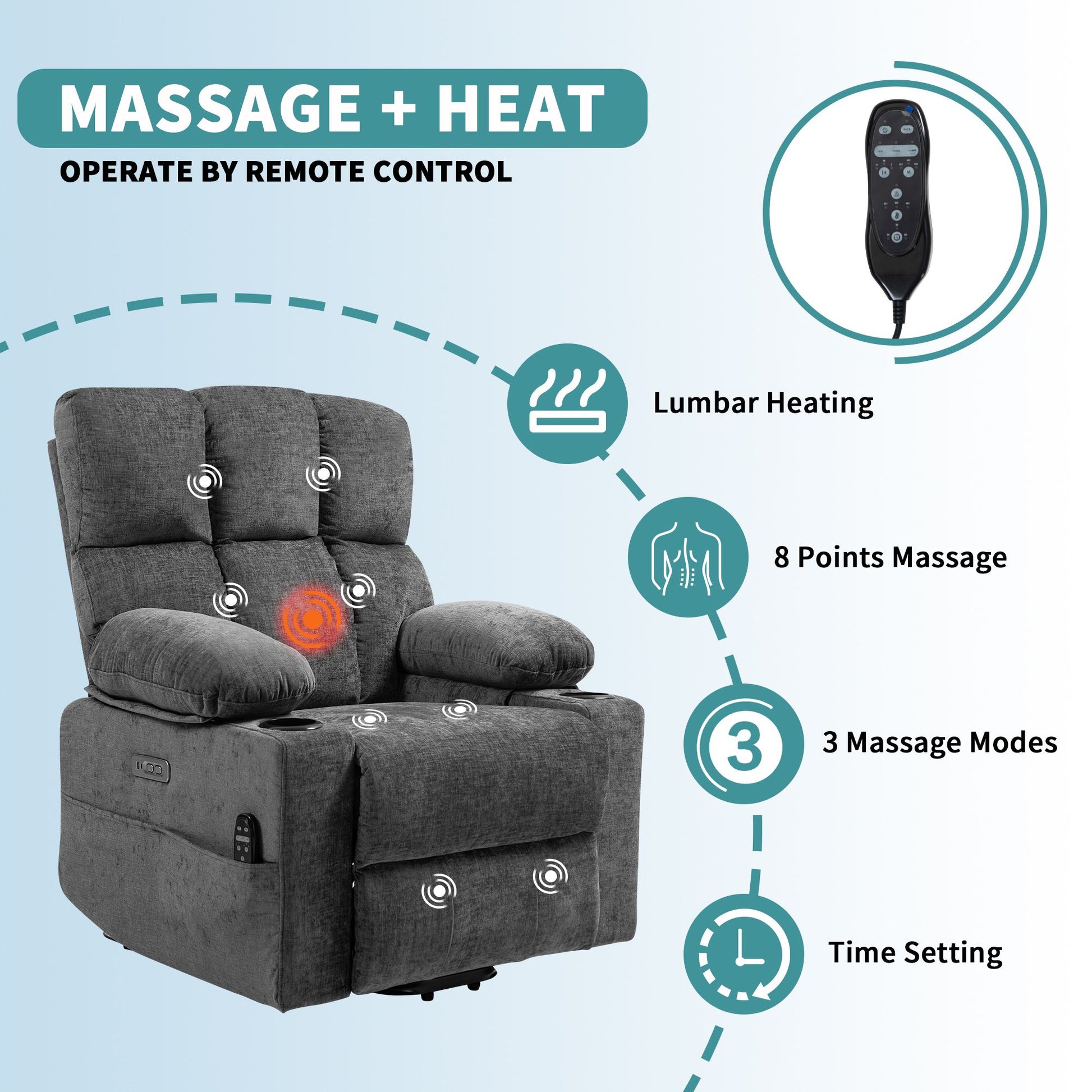 Oversized Power Lift Recliner Sofa with 8-Point Massage, Heat Function, USB Ports, and Cup Holders for Elderly - Gray Chenille Doba