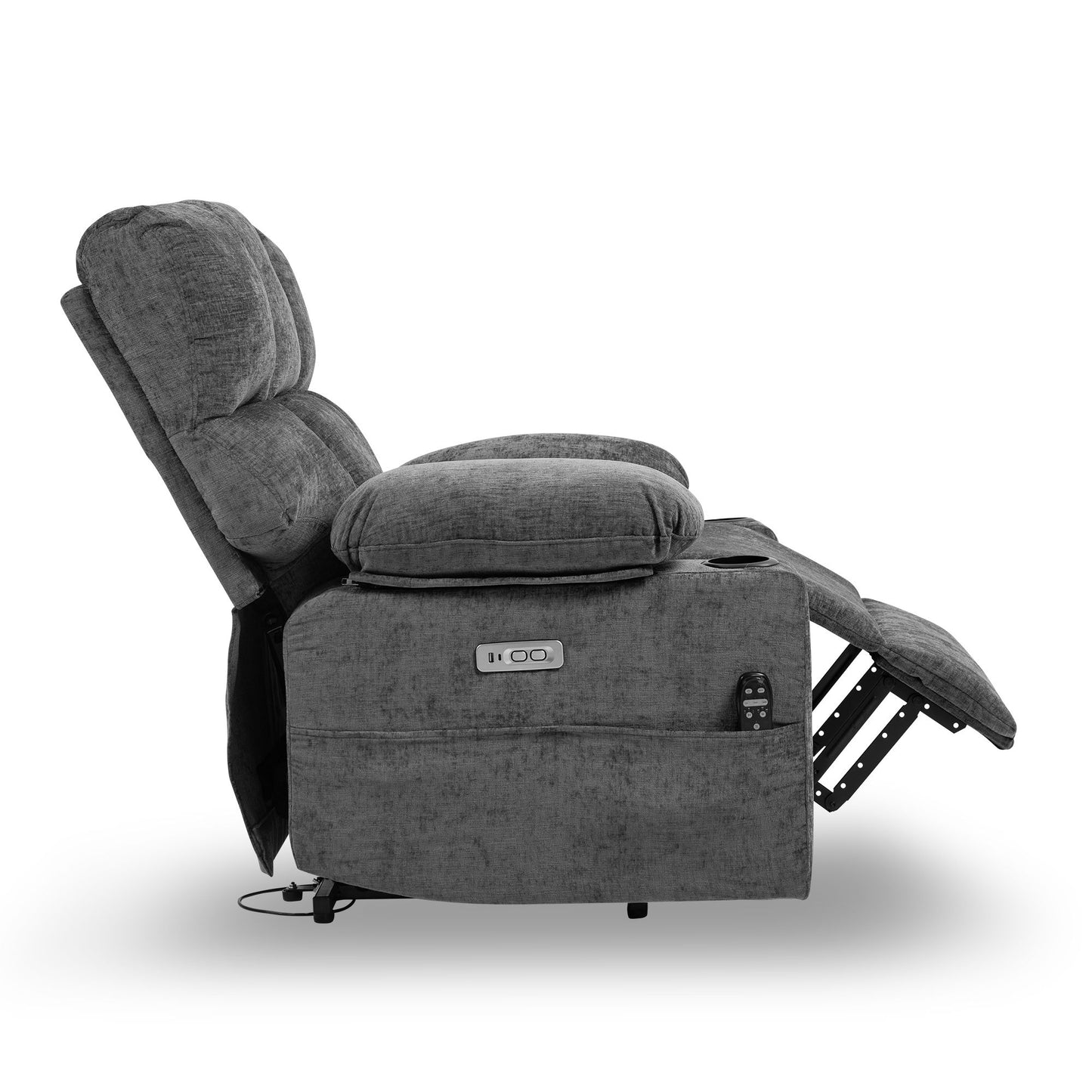 Oversized Power Lift Recliner Sofa with 8-Point Massage, Heat Function, USB Ports, and Cup Holders for Elderly - Gray Chenille Doba