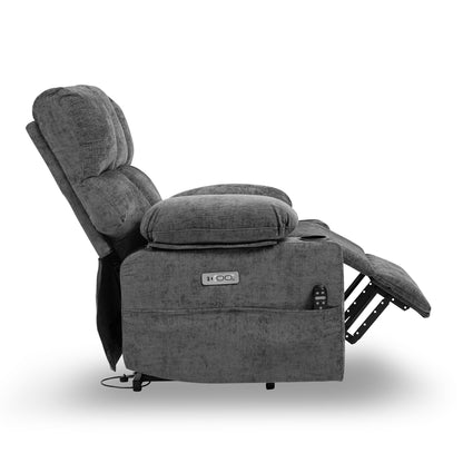 Oversized Power Lift Recliner Sofa with 8-Point Massage, Heat Function, USB Ports, and Cup Holders for Elderly - Gray Chenille Doba