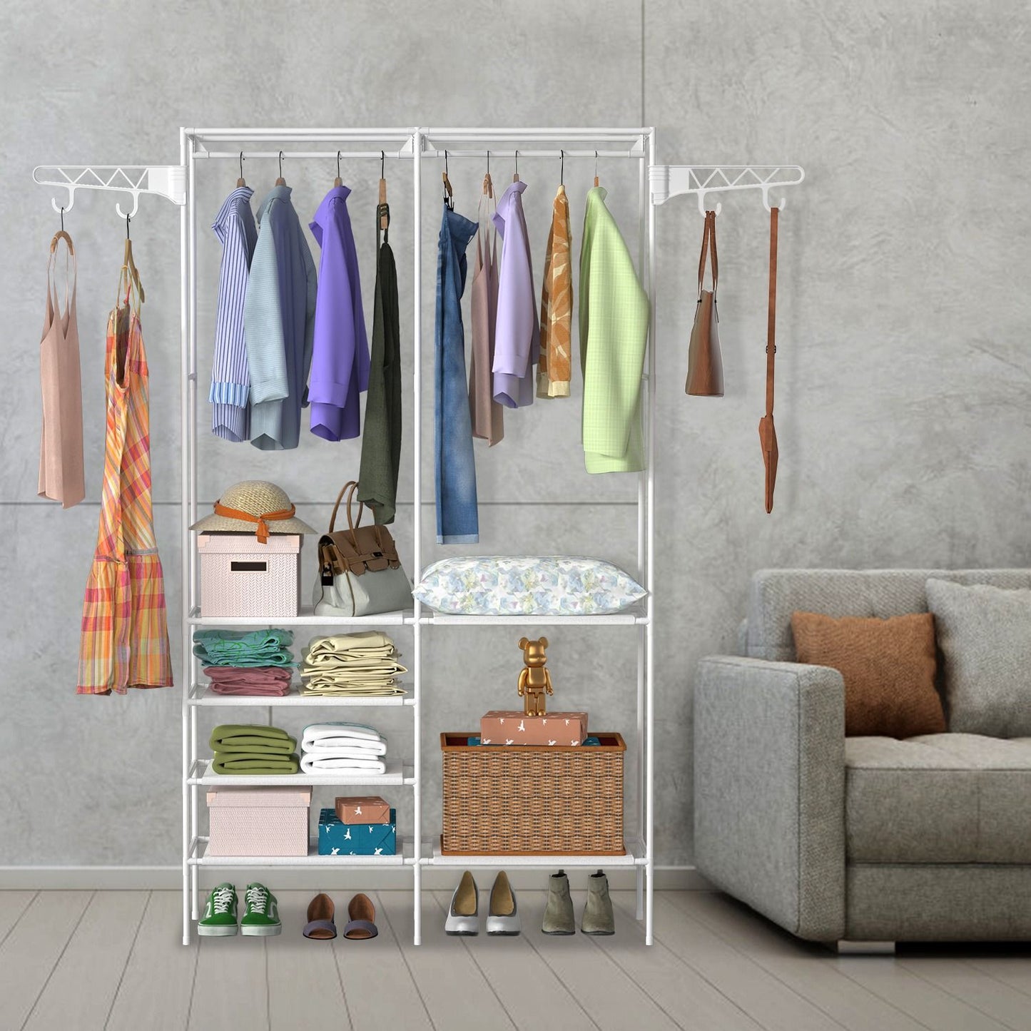 Versatile Metal Clothing and Shoe Organizer with Rotatable Hooks - Freestanding Wardrobe Rack Doba