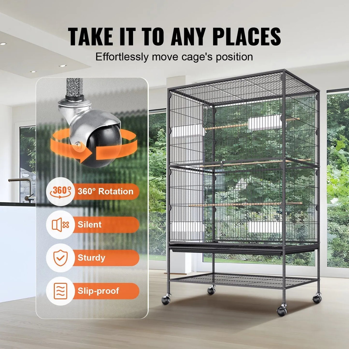 VEVOR 52-Inch Deluxe Wrought Iron Flight Cage for Parakeets, Cockatiels, Parrots, and Macaws with Rolling Stand and Easy-Clean Tray Doba