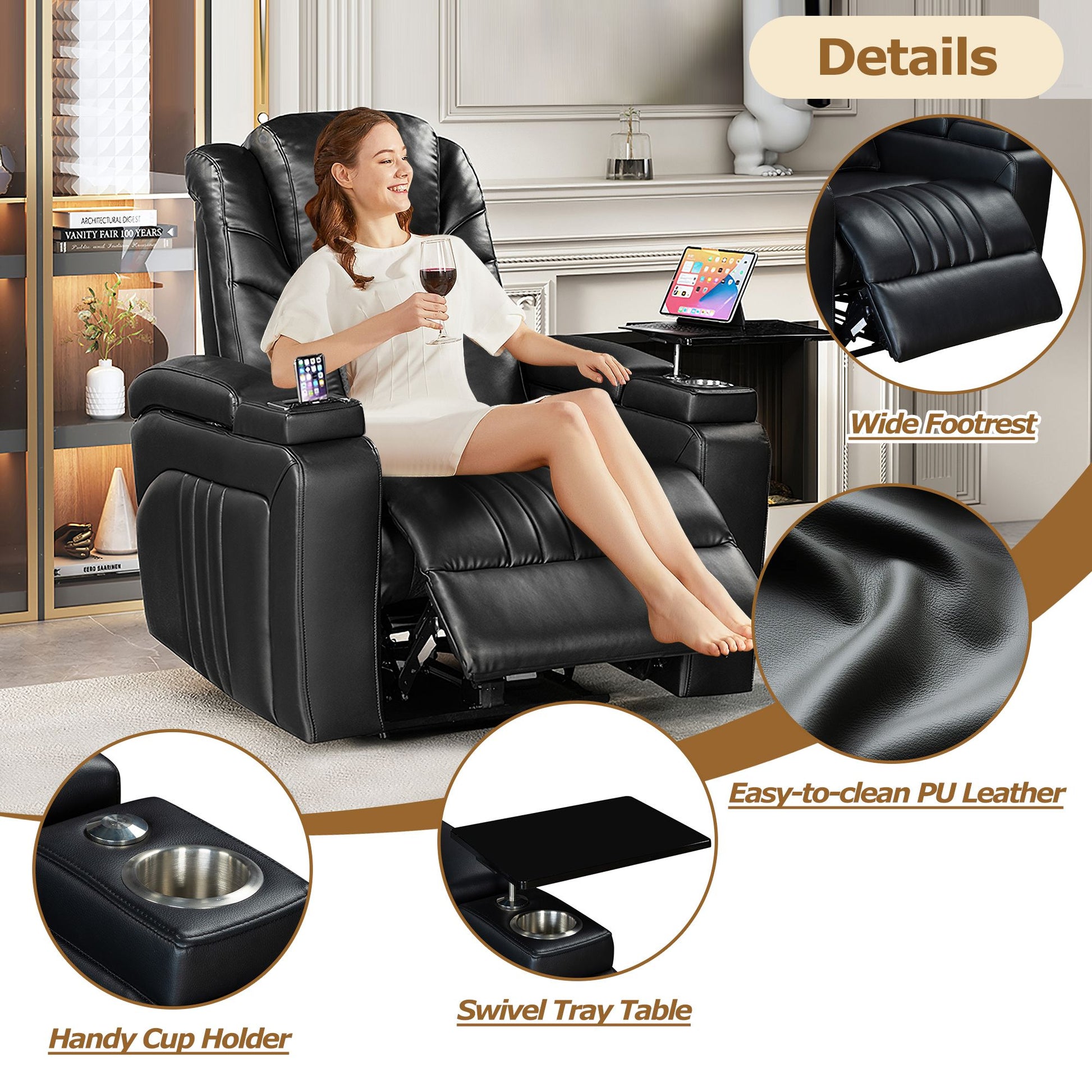 Luxury PU Leather Power Recliner with Adjustable Headrest, Wireless Charging, USB Port, Cup Holder, and Swivel Tray Table for Ultimate Home Theater Experience Doba