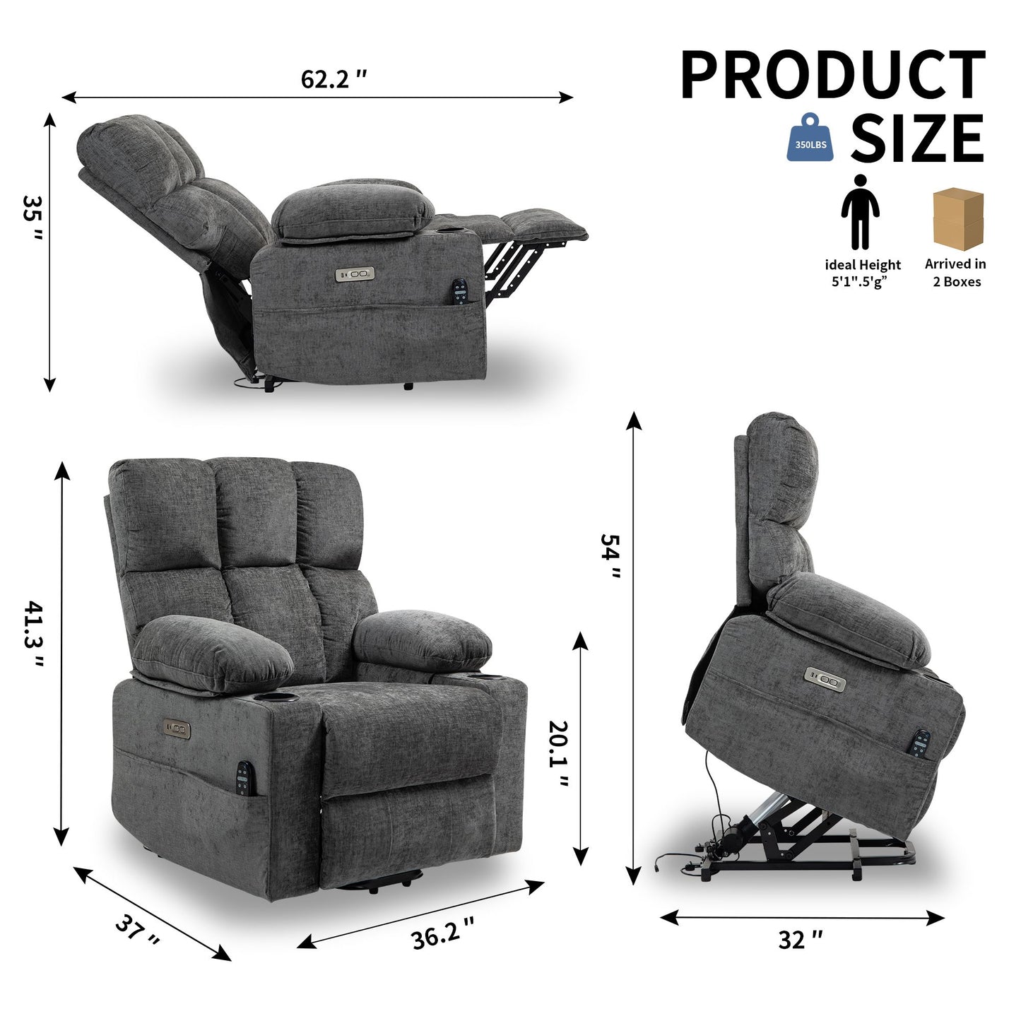 Oversized Power Lift Recliner Sofa with 8-Point Massage, Heat Function, USB Ports, and Cup Holders for Elderly - Gray Chenille Doba