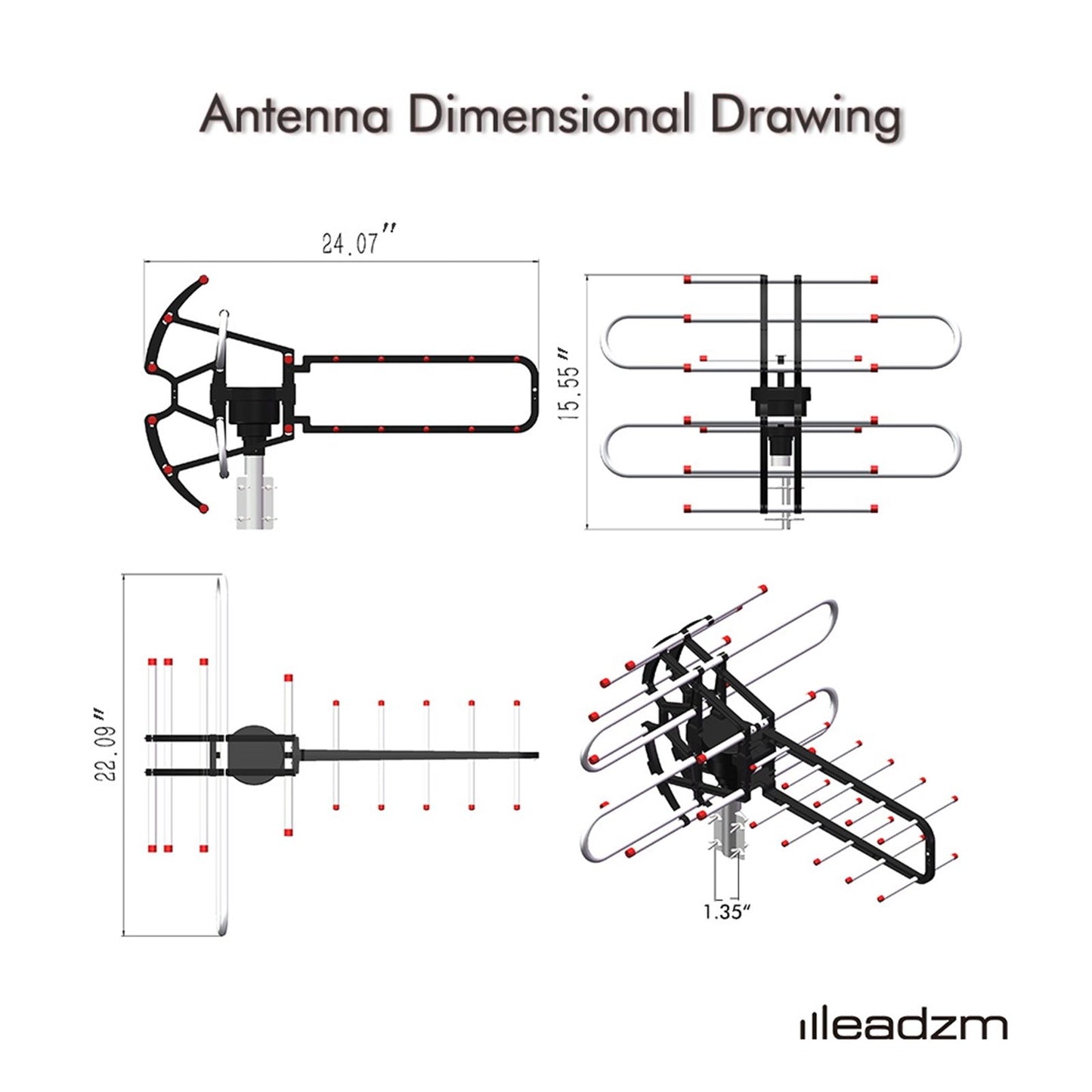 TA-851B 360°Rotation UV Dual Frequency 45-860MHz 22-38dB Open Antenna Silver Doba