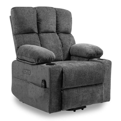 Oversized Power Lift Recliner Sofa with 8-Point Massage, Heat Function, USB Ports, and Cup Holders for Elderly - Gray Chenille Doba