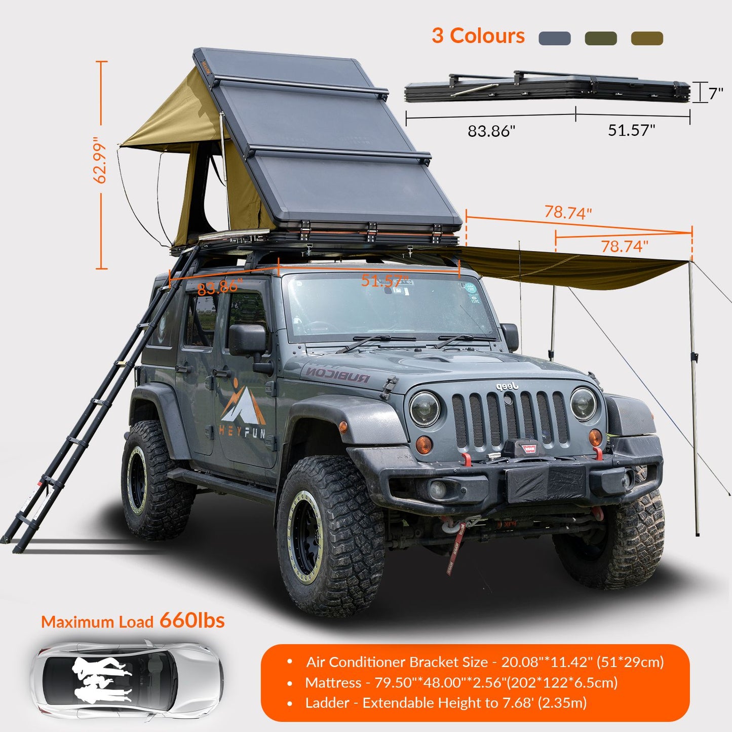 Roll over image to zoom in Adventurer Plus Rooftop Tent Hardshell with Side Awning, Air Conditioner Outlet with Bracket, &Replaceable Rain Flies, Truck Bed Tent for Camping, Pop Up Overland Roof Tents Doba