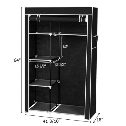 64" Black Portable Wardrobe Organizer with Adjustable Shelves and Dustproof Cover