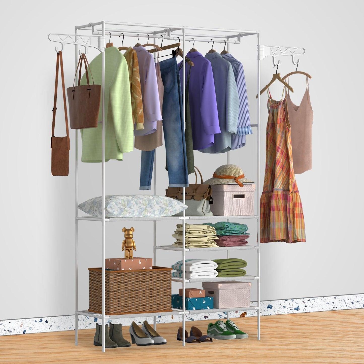 Versatile Metal Clothing and Shoe Organizer with Rotatable Hooks - Freestanding Wardrobe Rack Doba