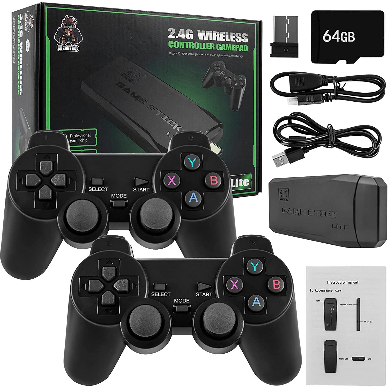 Wireless Retro Game Console, Plug & Play Video TV Game Stick With 10000+ Games Built-in, 64G; 9 Emulators, 4K HDMI Output For TV With Dual 2.4G Wireless Controllers Doba