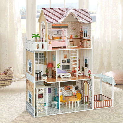 Deluxe Wooden Dollhouse with 15 Accessories - 3-Level Dream Playhouse for Kids 3+