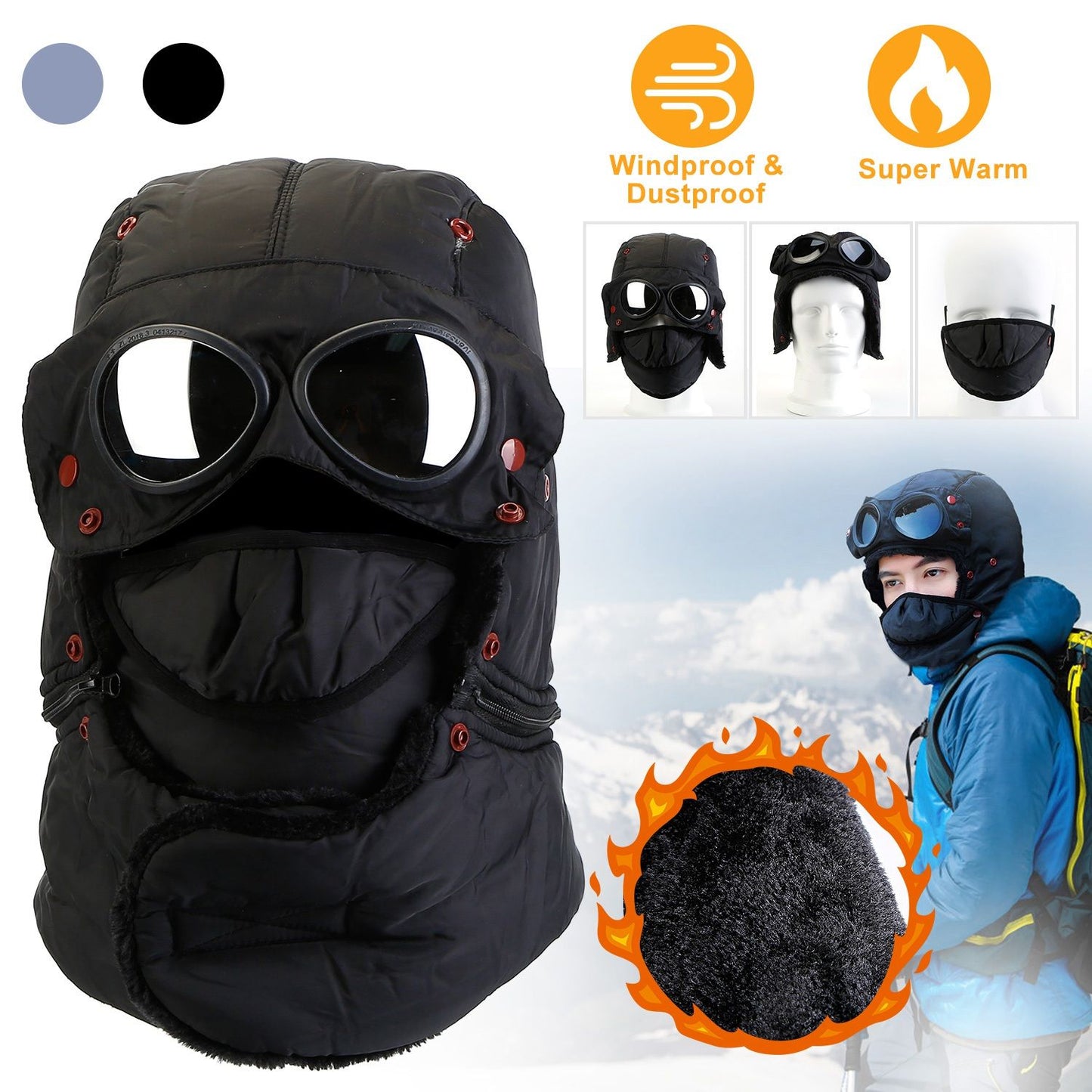 Unisex Warm Thermal Goggles Hat with Detachable Face Mask & Neck Flaps for Winter Activities Doba