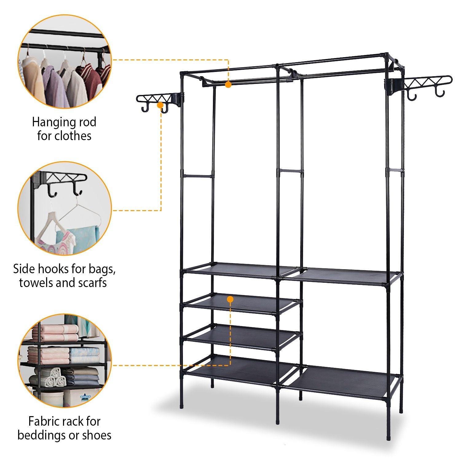 Versatile Metal Clothing and Shoe Organizer with Rotatable Hooks - Freestanding Wardrobe Rack Doba