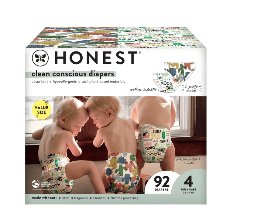 The Honest Company, Clean Conscious Disposable Baby Diapers, Barnyard & Cactus Prints, Size 4, 92 Count Doba