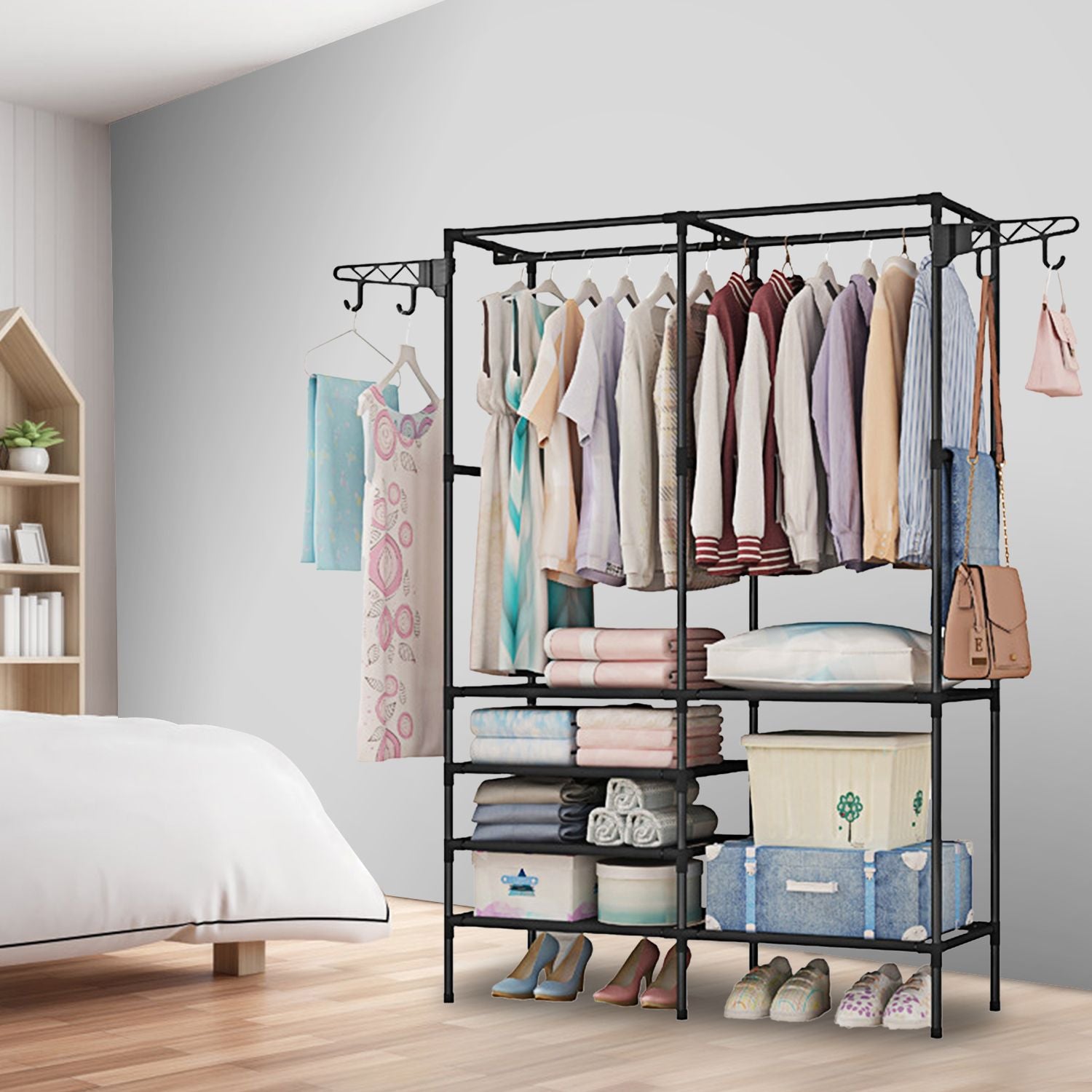 Versatile Metal Clothing and Shoe Organizer with Rotatable Hooks - Freestanding Wardrobe Rack Doba