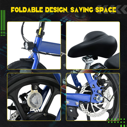 Foldable 500W Electric Bicycle for Adults - 15.5 MPH, 16-Inch Tires, 42V 10.4Ah Removable Battery, Multi-Shock Absorption Commuter Bike in Blue