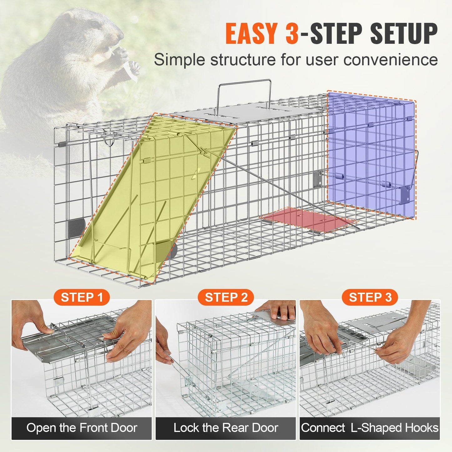 VEVOR Live Animal Cage Trap, 24" x 8" x 8" Humane Cat Trap Galvanized Iron, Folding Animal Trap with Handle for Rabbits, Stray Cats, Squirrels, Raccoons, Groundhogs and Opossums Doba