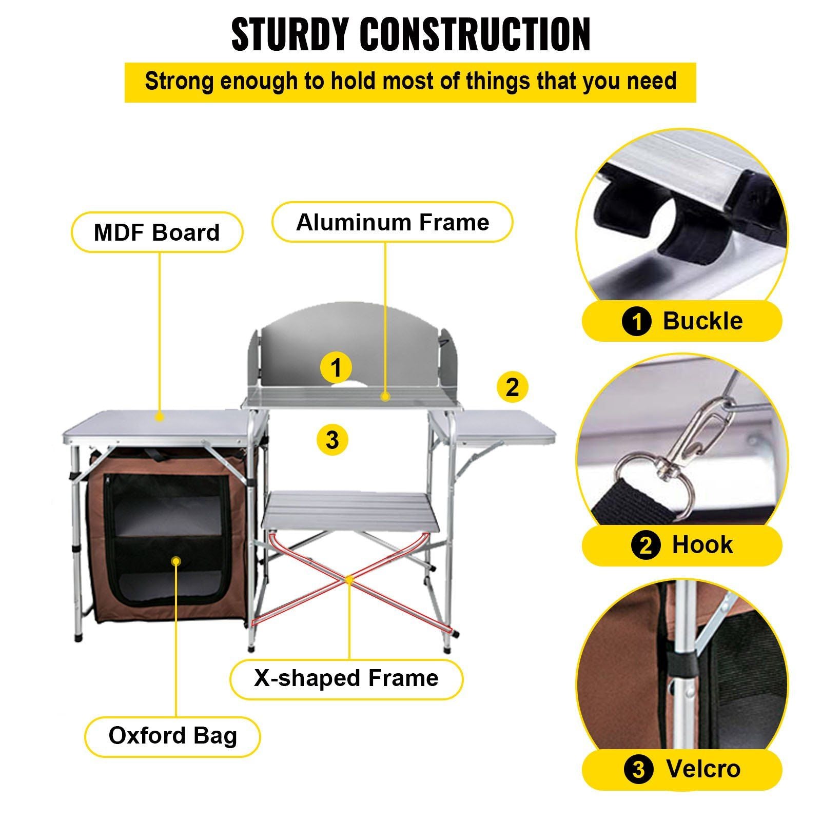 Portable Folding Camping Kitchen Table with Storage Rack and Windshield - Brown Doba