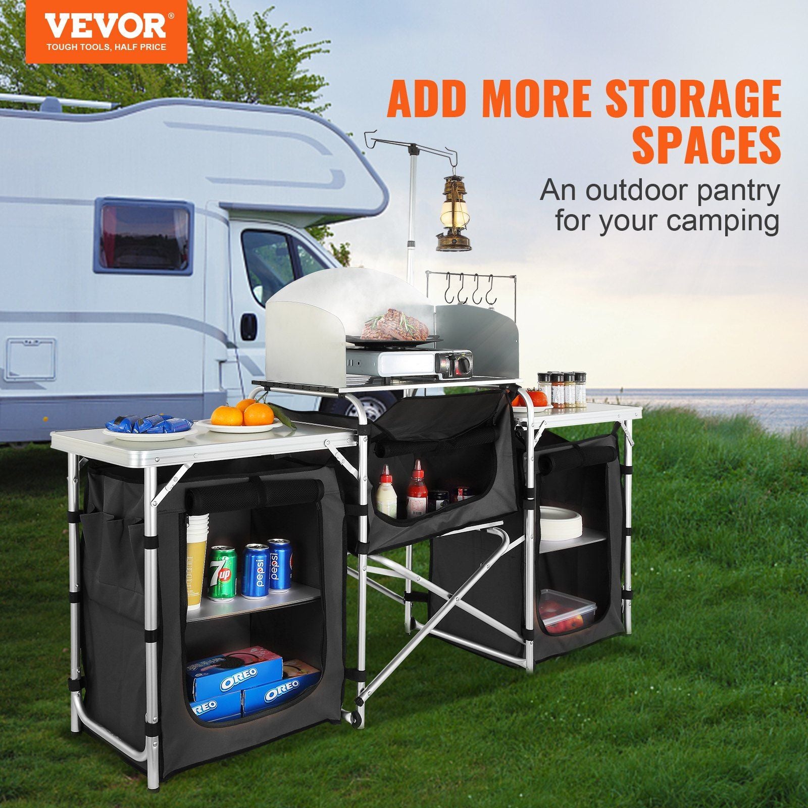 VEVOR Portable Outdoor Cooking Table with Carrying Bag - Foldable Aluminum Camp Kitchen Station with Storage, 3 Cupboards & Wind Protection for BBQs, Picnics, and RV Trips, Black Doba