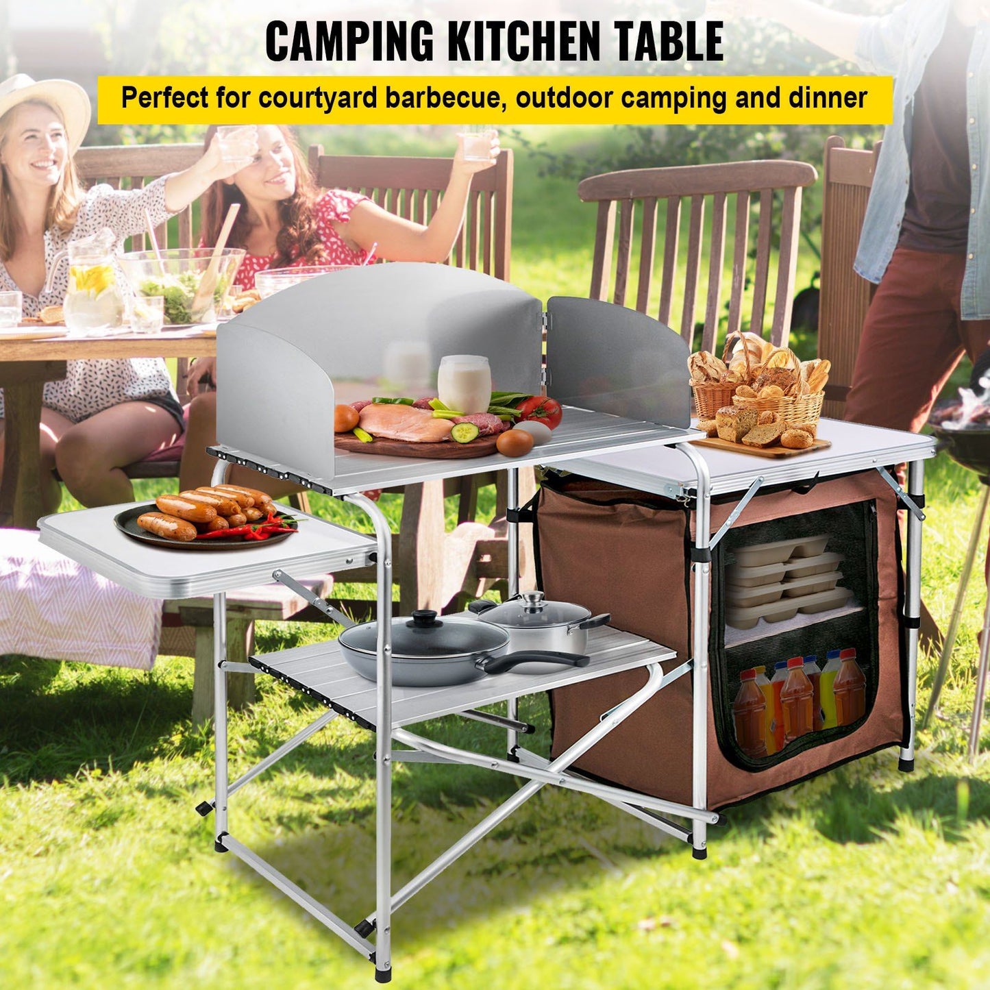 Portable Folding Camping Kitchen Table with Storage Rack and Windshield - Brown Doba