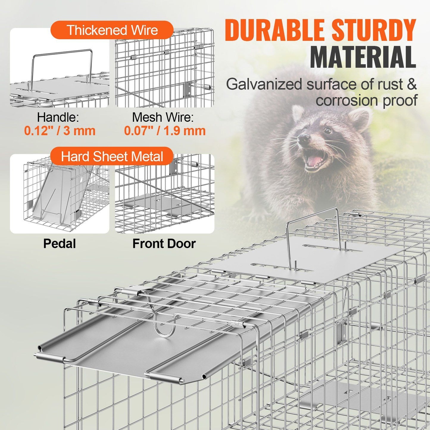 VEVOR Live Animal Cage Trap, 24" x 8" x 8" Humane Cat Trap Galvanized Iron, Folding Animal Trap with Handle for Rabbits, Stray Cats, Squirrels, Raccoons, Groundhogs and Opossums Doba