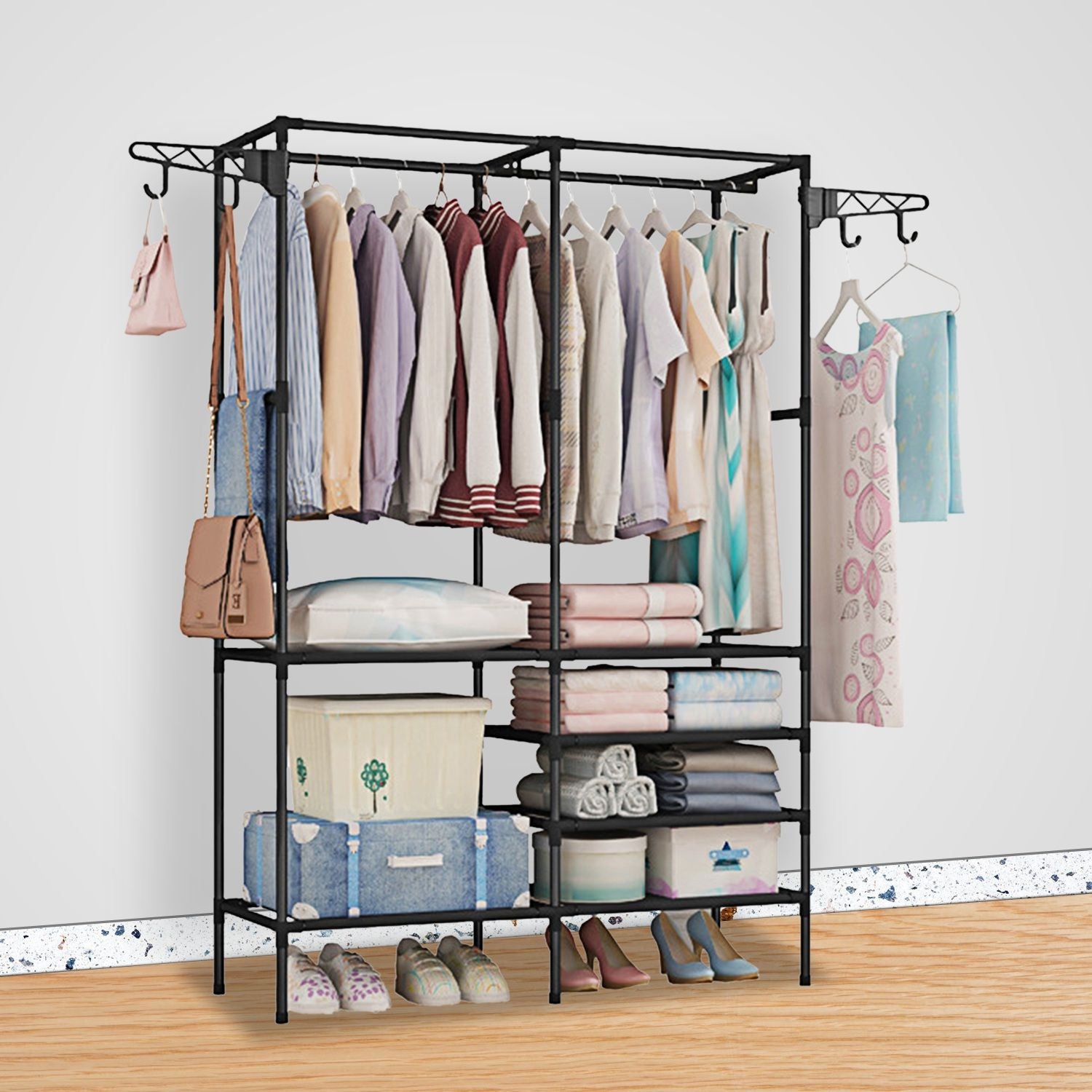 Versatile Metal Clothing and Shoe Organizer with Rotatable Hooks - Freestanding Wardrobe Rack Doba