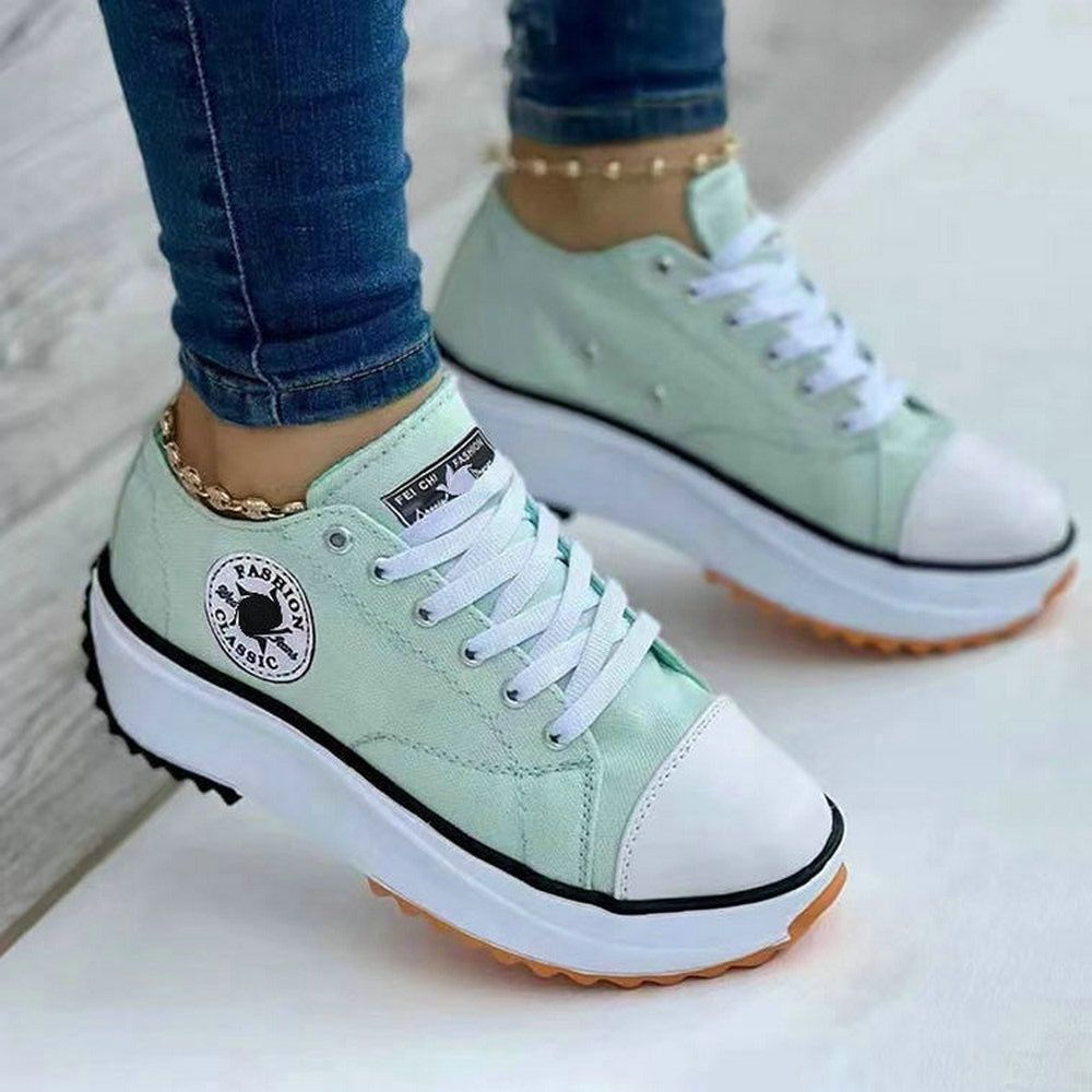 Women’s Classic Lace-Up White Canvas Sneakers - Solid Casual Platform Shoes Doba