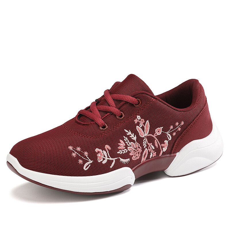 Embroidered Mesh Lace Up Sneakers Doba