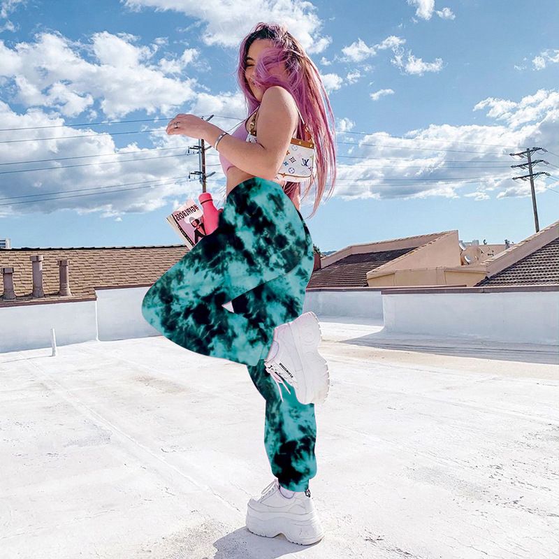 Women's new elastic tie-dye rainbow color slimming casual pants street shooting women's trousers printed pants Doba