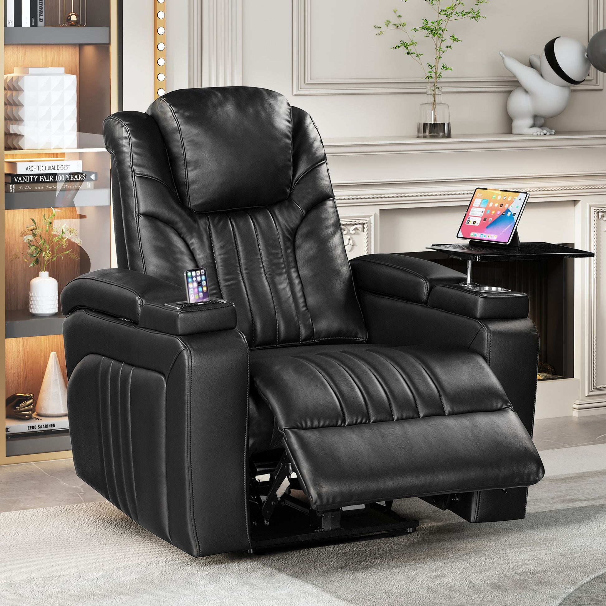 Luxury PU Leather Power Recliner with Adjustable Headrest, Wireless Charging, USB Port, Cup Holder, and Swivel Tray Table for Ultimate Home Theater Experience Doba