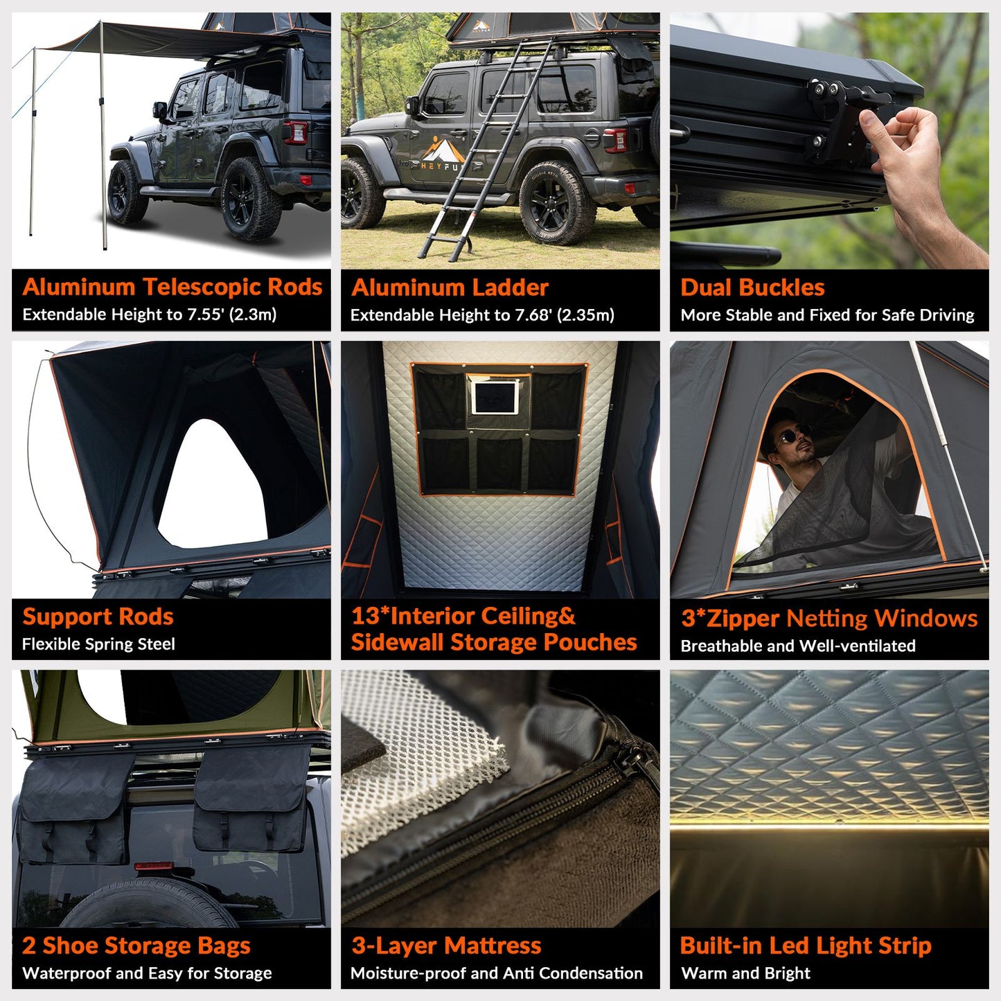 Explorer Plus Rooftop Tent Hardshell with Side Awning, Air Conditioner Outlet with Bracket, Luggage Racks&Replaceable Netting Rain Curtain, Truck Bed Tent for Camping, Pop Up SUV Roof Top Tent Doba