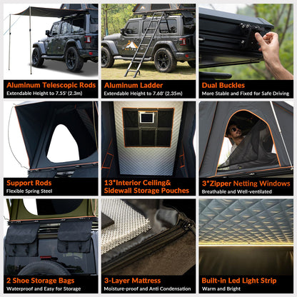 Explorer Plus Rooftop Tent Hardshell with Side Awning, Air Conditioner Outlet with Bracket, Luggage Racks&Replaceable Netting Rain Curtain, Truck Bed Tent for Camping, Pop Up SUV Roof Top Tent Doba