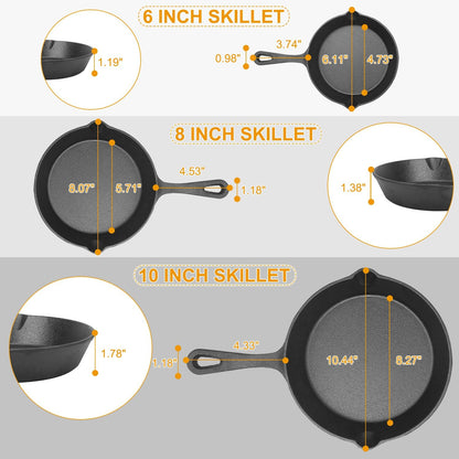 3-Piece Pre-Seasoned Cast Iron Skillet Set – Versatile Non-Stick Frying Pans (6in, 8in, 10in) – Durable Oven Safe Cookware Doba