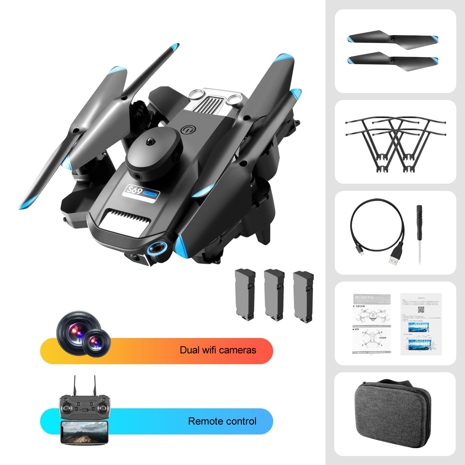 S69 Foldable RC Drone with HD Dual Cameras, 3 Batteries, WIFI FPV, 360° Obstacle Avoidance, Headless Mode – Ideal Gift for Kids and Adults Doba