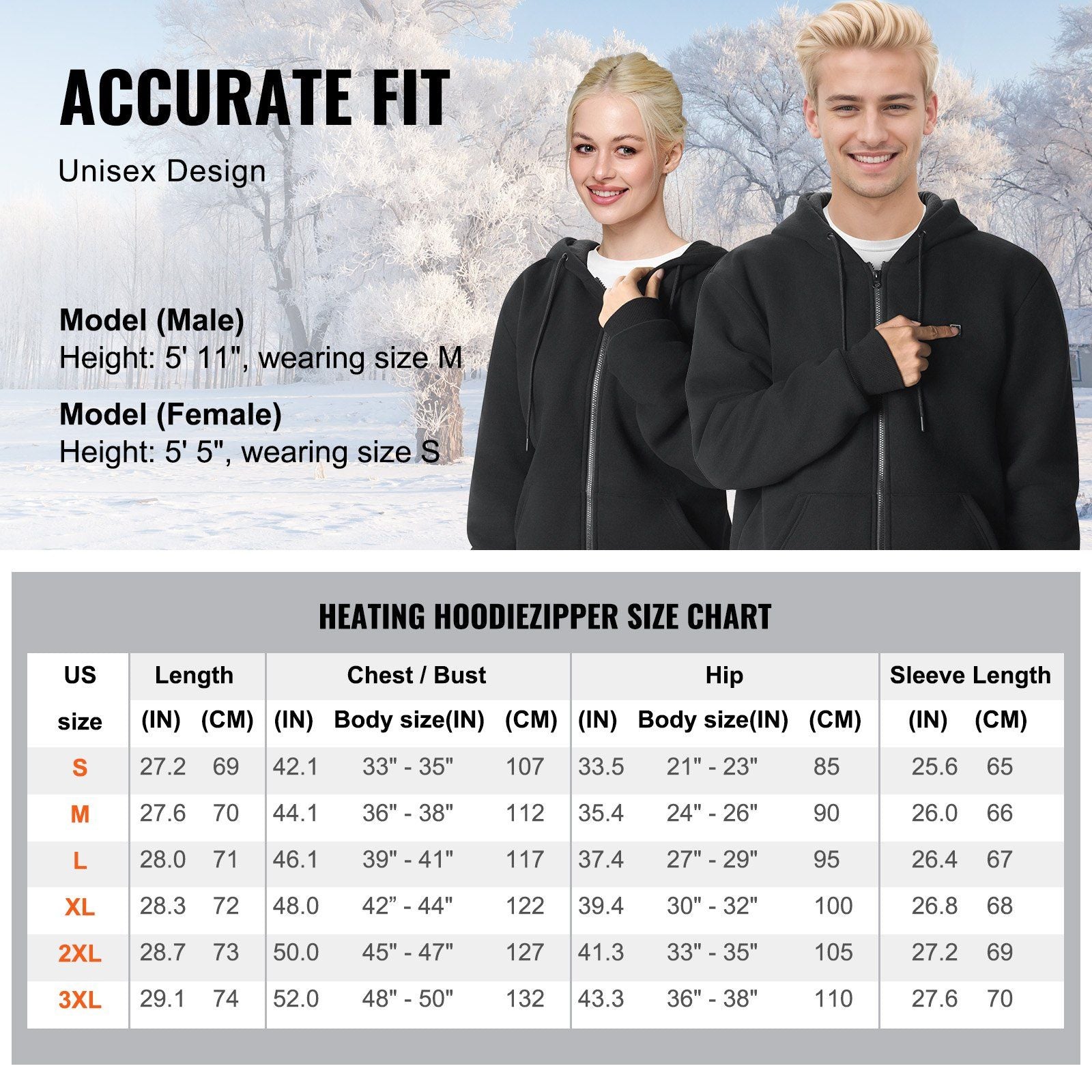 VEVOR Unisex Heated Zip-Up Hoodie with Rechargeable Battery - XXXL Black for Men & Women Doba