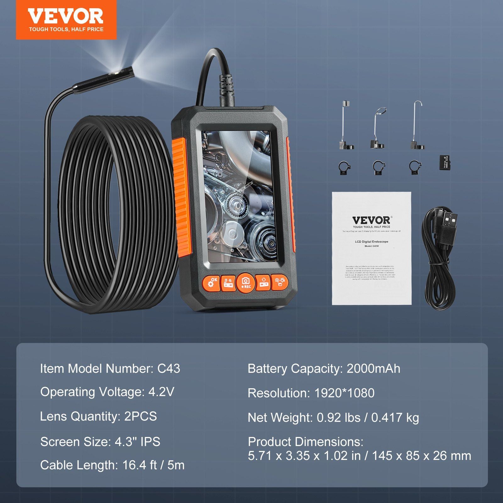 VEVOR Dual Lens Inspection Endoscope with 4.3" Screen and 16.4FT Flexible Cable Doba