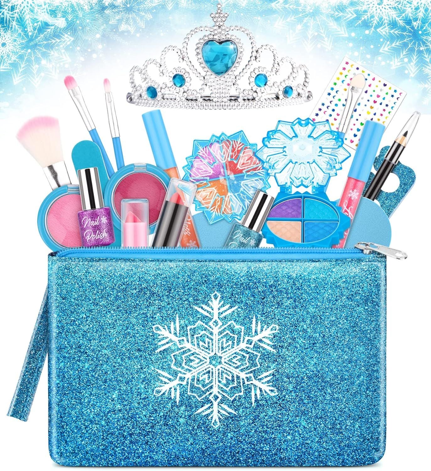 Frozen Princess Makeup Adventure Kit for Girls, Washable Real Makeup Set for Ages 4-8, Creative Play Cosmetic Set with Accessories and Travel Bag Doba