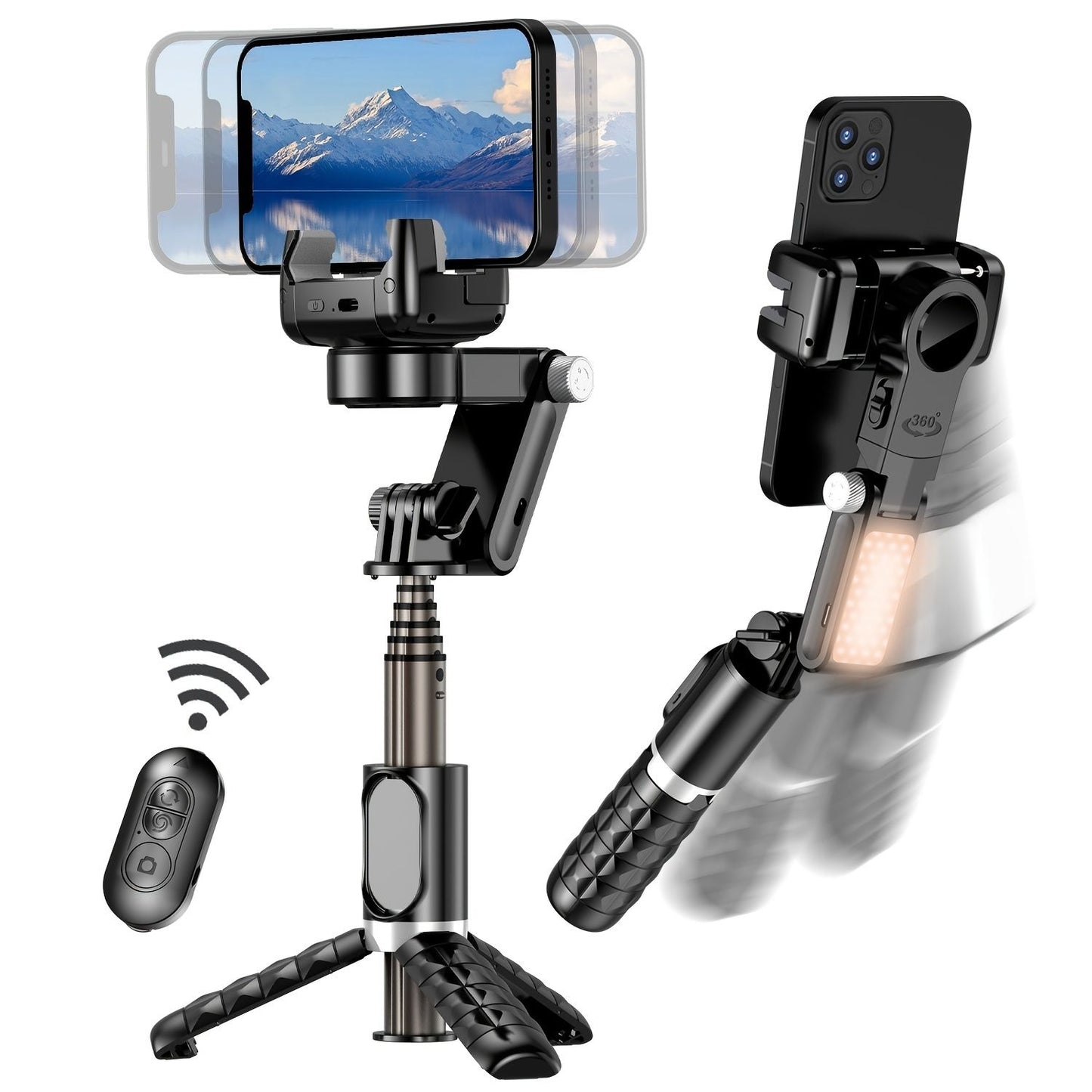 Gimbal Stabilizer For Smartphone, 2 Axis Selfie Stick Tripod With Face Tracking, 360° Rotation, 4 In 1 Portable Phone Tripod W/Extendable Stick Flexible Phone Tripod Stand Compatible With IPhone Doba