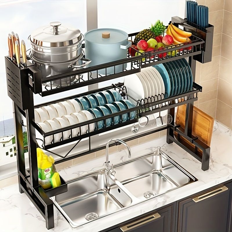 Retractable Black Countertop Dish Storage Rack - Multifunctional Drain Rack for Kitchen & Home Doba