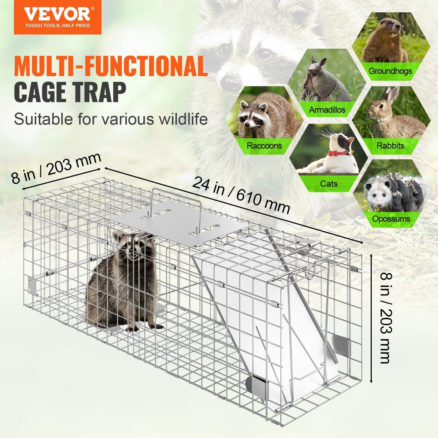 VEVOR Live Animal Cage Trap, 24" x 8" x 8" Humane Cat Trap Galvanized Iron, Folding Animal Trap with Handle for Rabbits, Stray Cats, Squirrels, Raccoons, Groundhogs and Opossums Doba