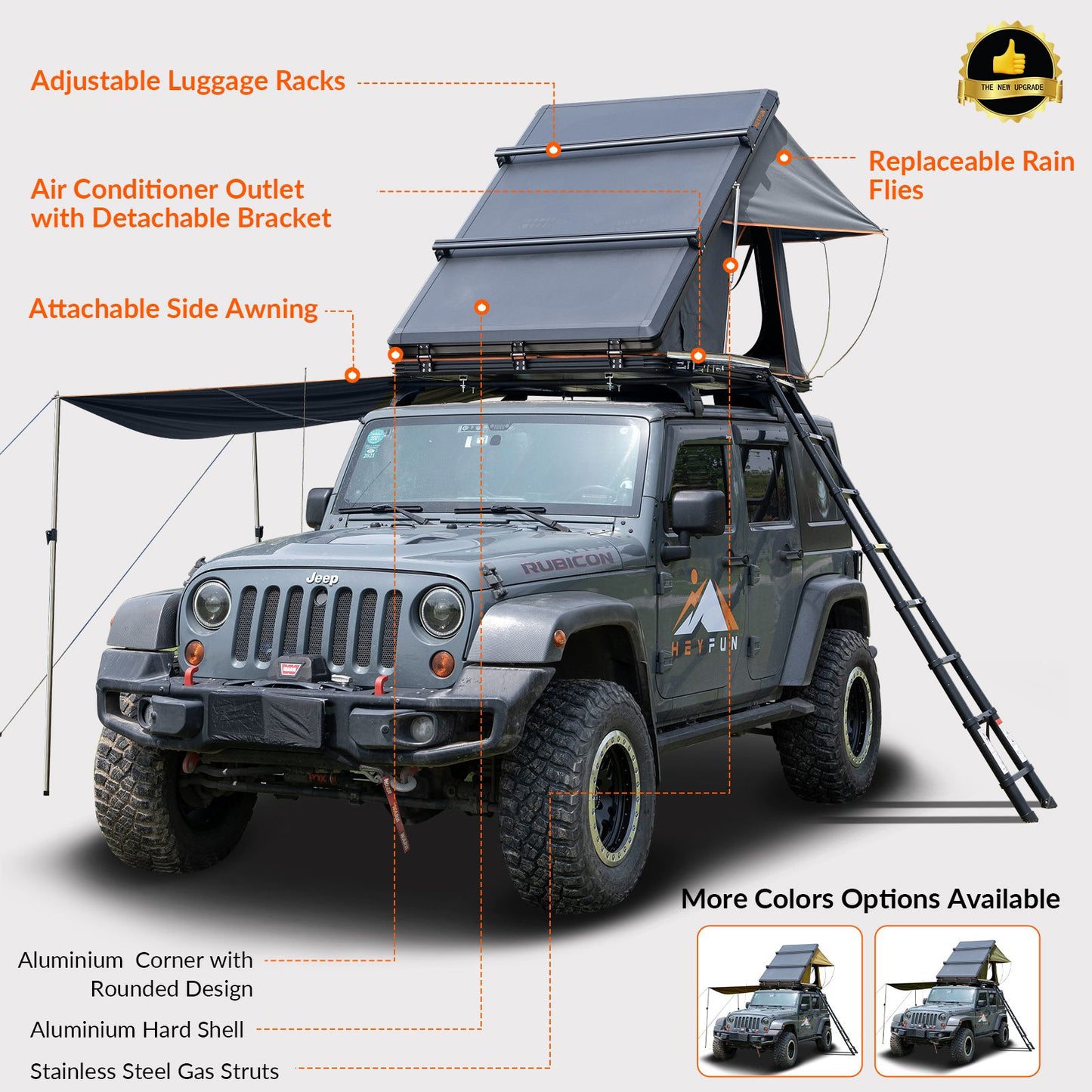 Roll over image to zoom in Adventurer Plus Rooftop Tent Hardshell with Side Awning, Air Conditioner Outlet with Bracket, &Replaceable Rain Flies, Truck Bed Tent for Camping, Pop Up Overland Roof Tents Doba