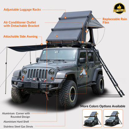 Roll over image to zoom in Adventurer Plus Rooftop Tent Hardshell with Side Awning, Air Conditioner Outlet with Bracket, &Replaceable Rain Flies, Truck Bed Tent for Camping, Pop Up Overland Roof Tents Doba