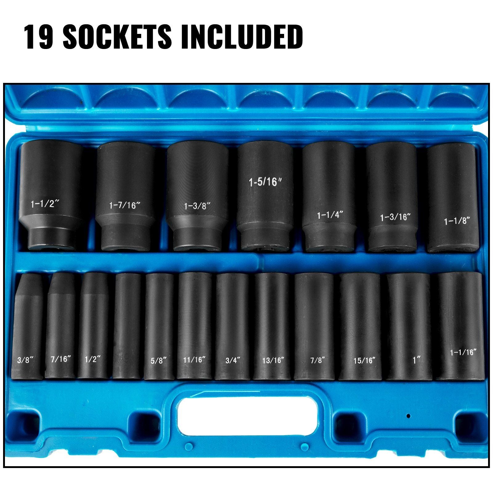 VEVOR 19-Piece 1/2 Inch Drive Deep Impact Socket Set with Heavy-Duty Storage Case - 6-Point Design, Cr-V Construction, for Professional Use Doba