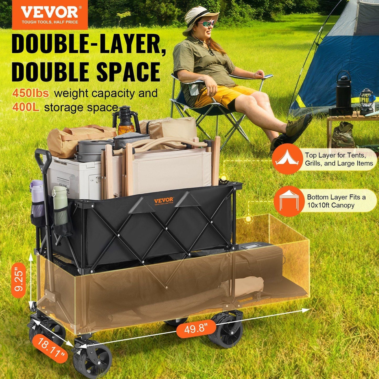 VEVOR Versatile Double Decker Collapsible Wagon with All-Terrain Wheels, 450 lbs Load Capacity - Perfect for Camping, Shopping, and Outdoor Adventures