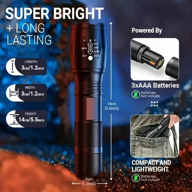 Zoomable High-Intensity LED Tactical Flashlight with 5 Modes, Waterproof and Portable for Camping, Hiking, Outdoor Adventures, and Emergency Situations Doba