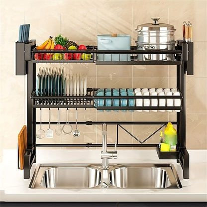 Retractable Black Countertop Dish Storage Rack - Multifunctional Drain Rack for Kitchen & Home Doba