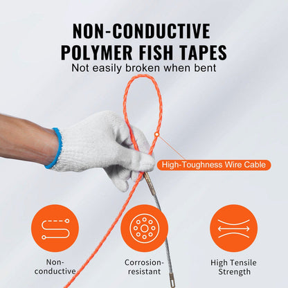 VEVOR 125ft Non-Conductive Fish Tape with Enhanced Grip and Durable Housing for Easy Cable Pulling Doba